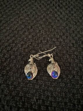 Silver Wizard Drop Earrings with Blue Iridescent Gem